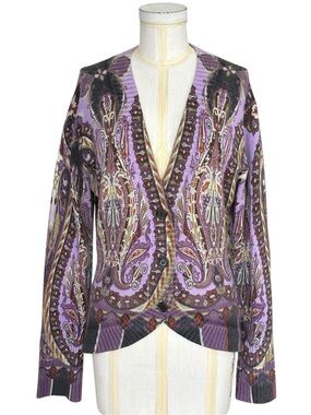 Neiman Marcus Women's Cashmere Cardigan Sweater Purple Paisley V-Neck Size L